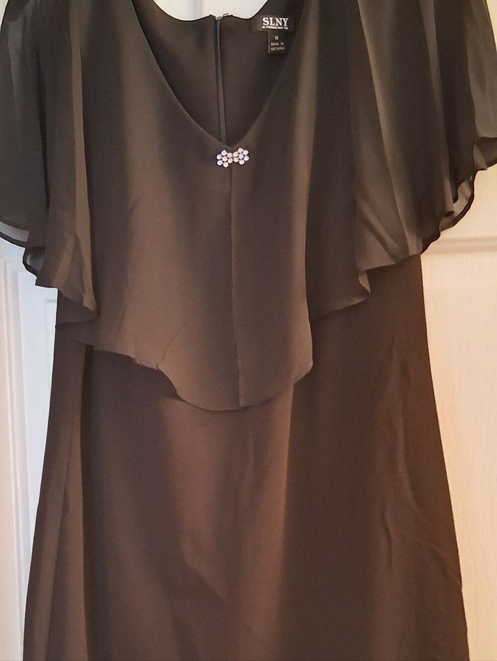 SLNY Black Layered Flutter Sleeve Maxi Dress with Brooch